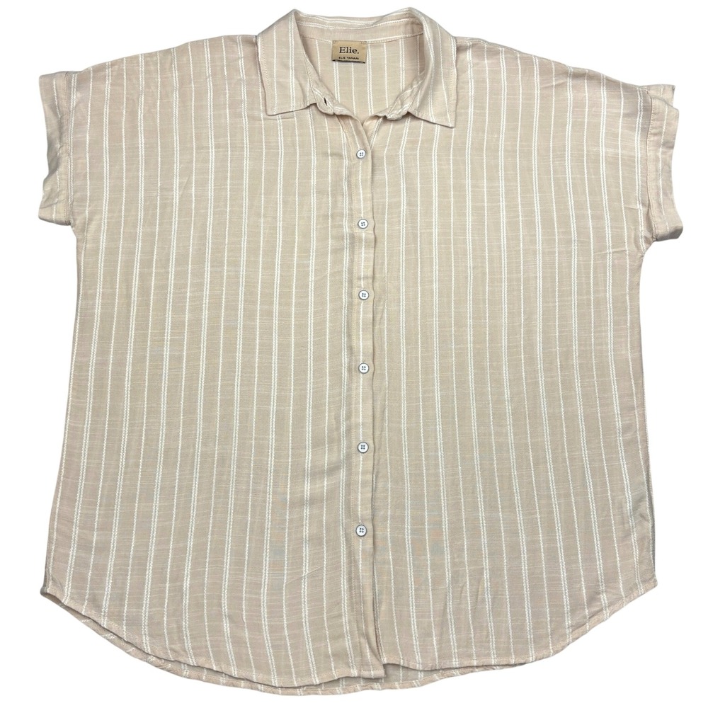 Elie Elie Tahari Shirt Womens L XL Beige White Stripe 100% Viscose Button Down